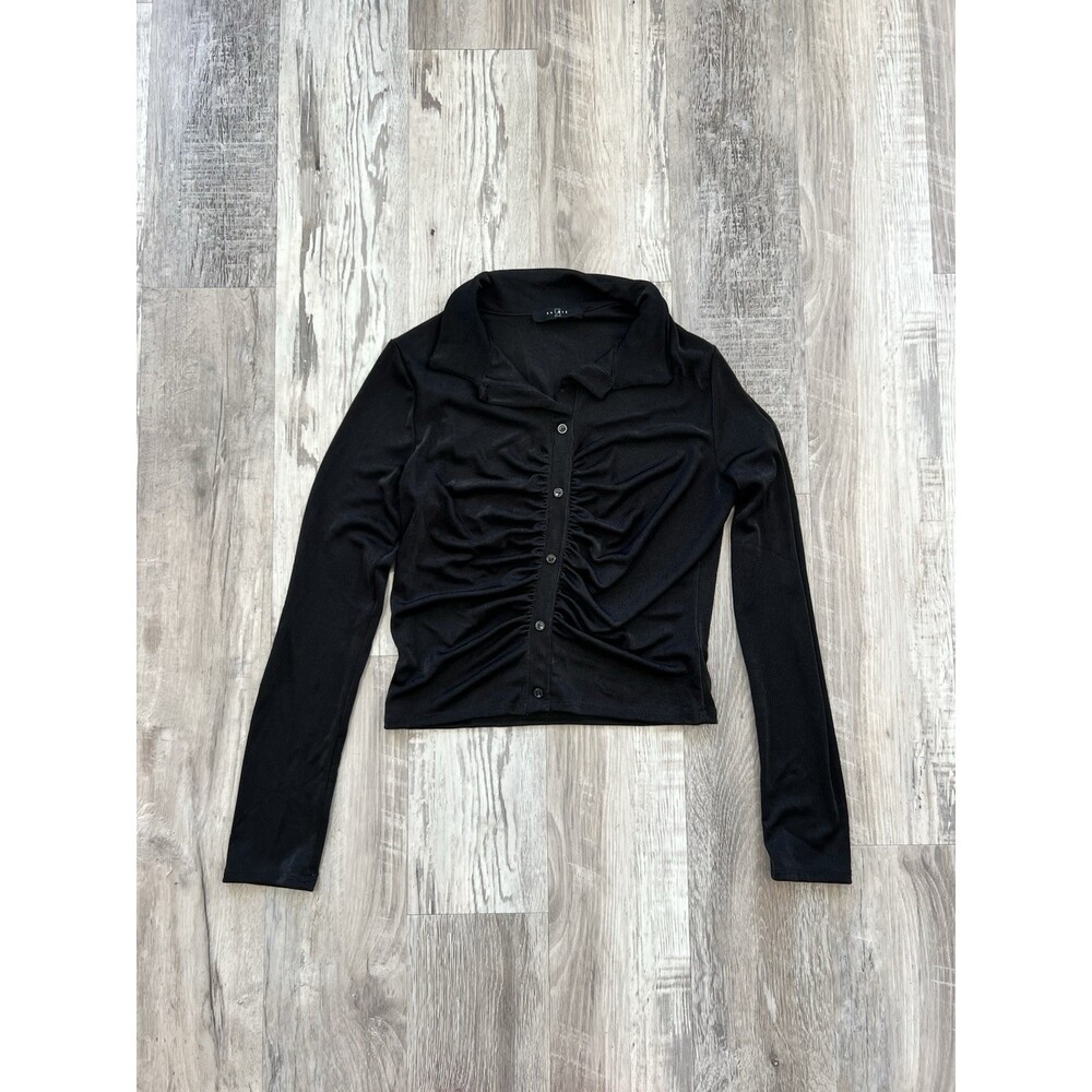 Saints 21 Women's Black Mesh Ruched Long Sleeve Collared Button Up Stretch Top L